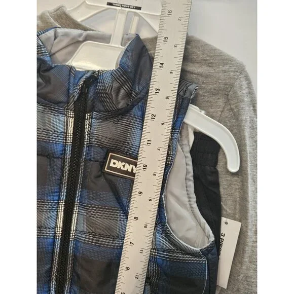 DKNY‎  Size 2T Set Of 3, Plaid Blue Vest/ Black Pants/ Grey Long Sleeve Printed - Picture 6 of 13